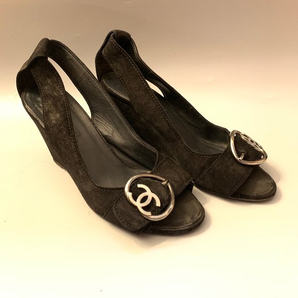 Chanel Black Suede Peep-Toe Wedge Heels - Picture 2 of 13